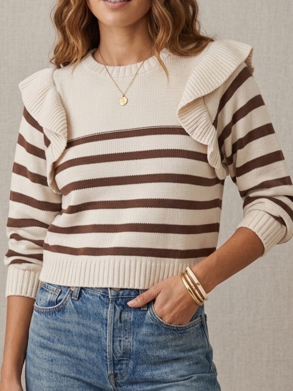 Cleobella Cream Brown Striped Ruffle Crewneck Sweater New Size Large